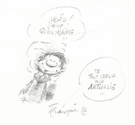 André Franquin | Lot 244 - Gaston Lagaffe, dédicace à la mine de plomb sur feuille libre. | Septimus