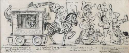 Germaine Bouret | BINGO CIRCUS Très importante illustration au fusain sur | Cornette de St Cyr