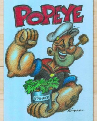 Joan Vizcarra Crayon original - Popeye & the Power of Spinach – Hand Signed Original Drawing | Catawiki