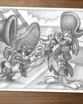 Joan Vizcarra Crayon - Bugs Bunny & Yosemite Sam “Brave Pirates Duel” – Hand Signed Original Drawing | Catawiki