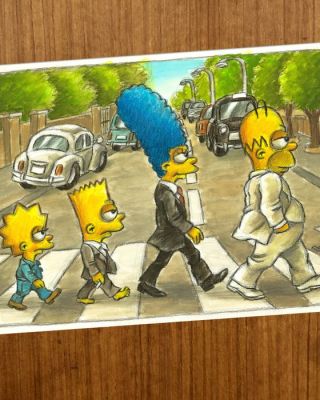 Vizcarra, Joan Gouache - The Simpsons Family “Abbey Road Tribute” – Hand-Signed Original Artwork