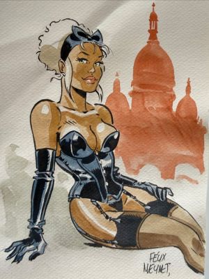 Meynet, Félix - 1 Original drawing - Meynet, Félix - Dessin original préliminaire - Mirabelle en petite tenue à Montmartre, Paris