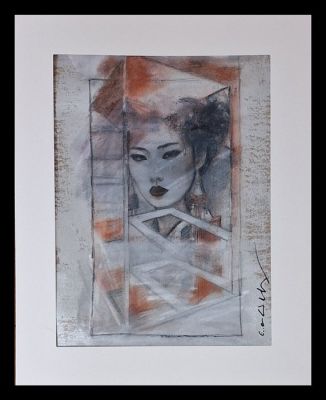 Emma Wildfang - 1 Original colour drawing - Geisha "Fractured Reflections" - Series "Silvered Fragments" - 2025 | Catawiki