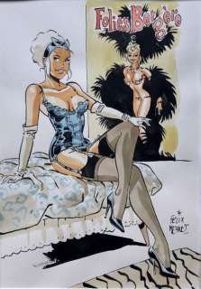 Felix Meynet. Dessin original illustrant "Mirabelle" assise en tenue sexy bleue devant... | 68 Art Auction