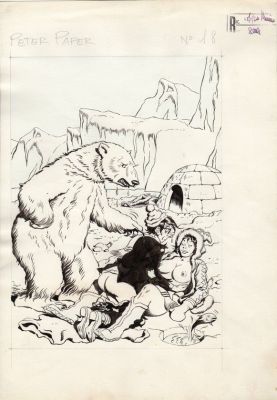 RAOUL BUZZELLI - Copertina per Peter Paper 18 – ‘Scopando & esquimando’. Cm 26 x 37. China su cartoncino leggero. RETROCOLORATA! Anno di esecuzione 1974.
