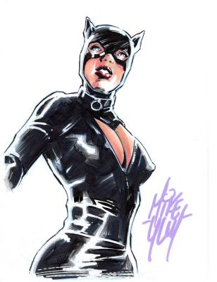 CATWOMAN ORIGINAL INKED, COLORED SKETCH CARD ART SIGNED MIKE LILLY