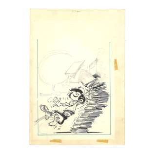 Franquin (1924-1997). | Gaston Lagaffe. Magazine spirou. Illustration couleur. Gaston Lagaffe portant une pile de livres en équilibre. Encre et crayon sur papier... | HVMC