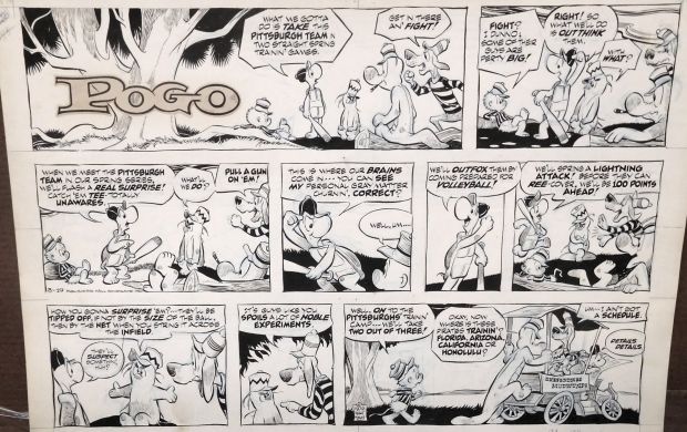 Walt Kelly | Kelly, Walt - Pogo Sunday 3/19 1972, Detailed Art - Pogo & Gang Play Baseball & Team Jalopy | Cool Lines Art
