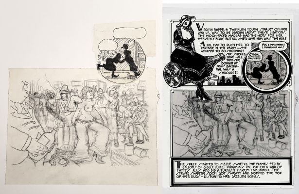 Art Spiegelman | Spiegelman, Art - Sleazy Scandals of the Silver Screen #1 Most of Pg 3 Prelim, Movie Star Fatty Arbuckle Wild Party W/ Topless Dancer 1974 | Cool Lines Art