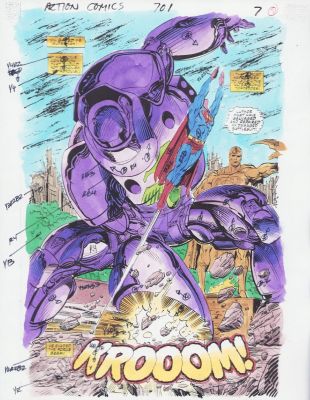 Denis Rodier, Glenn Whitmore, Jackson (Butch) Guice | Action Comics #701 Color Guide Art - Kryptonian Warsuit Force Beam Splash - 1994 Issue 701 Page 7 | Anthony’s Comic Book Art