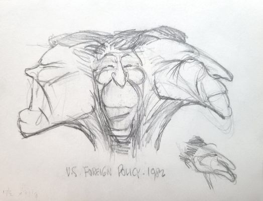 Pat Oliphant | Oliphant, Patrick - Political Cartoon Double Sketch, Reagan & 3 Faces of Foreign Policy + Us Advisors in Jungle | Cool Lines Art