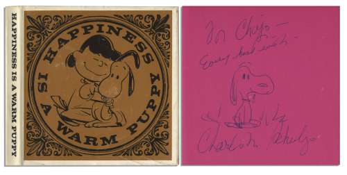 Charles Schulz Hand-Drawn Snoopy Sketch, Within His Classic Book, ’’Happiness is a Warm Puppy’’ | Nate Sanders