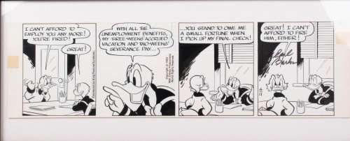 CARL BARKS SIGNED DONALD DUCK COMIC STRIP, 1983 Framed: 10 x 23 in. (25.4 x 58.4 cm.) | misc / divers