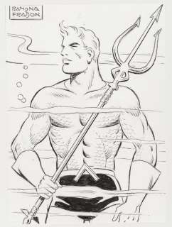 RAMONA FRADON ORIGINAL ART PENCIL & PEN SKETCH OF AQUAMAN W/TRIDENT. | Hake’s