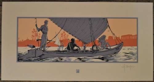 Fox - Crayonné original rehaussé d’aquarelle + sérigraphie - Fox bateau | Catawiki