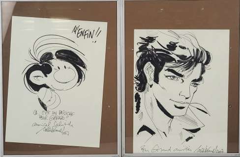 Roger BRUNEL (1944), Réunion de deux dessins pastiche dédicacés, feutre sur papier, signés et datés 2007 en bas à droite, Dim. 32x 24 cm - Lot 44 :