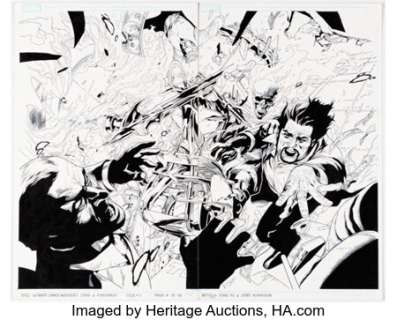 Marvel Artist - Gerry Alanguilan [Leinil Francis Yu printed blue lines] Ultimate Avengers #9 Double Page Spread 17-18 Original Art... (Total: 2 Original Art)