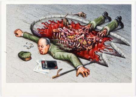 XNO 1988 Topps Dinosaurs Attack Card #31 "Our Forces -- Flattened!" Painting Original Art (Topps, 1988). | Heritage