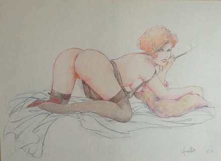 Leone Frollo - Illustrazione originale "Pin Up" - Crayon de couleur | Catawiki