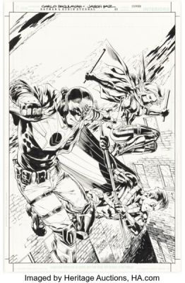 Jason Paz [Carlo Pagulayan printed lines] Batman and Robin Eternal #23 Midnighter and Spoiler Cover Original Art (DC, 2015).