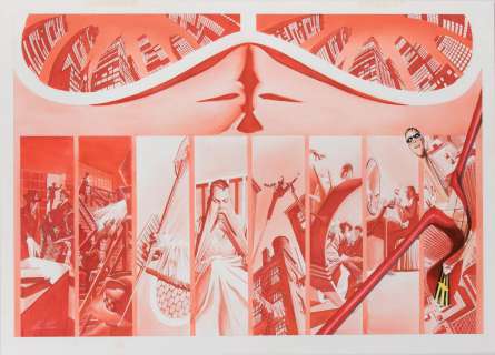 Alex Ross original double page splash artwork for JLA: Secret Origins featuring Plastic Man .