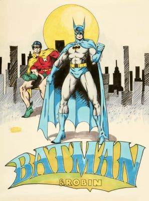 Lot 111 - Batman and Robin original poster artwork painted and signed by David Lightfoot (undated). 24 x 18 | Comic Book Auctions ltd