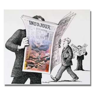 Claude Serre | LOT 57 « INFO SOIR » planche originale de Claude SERRE publiée dans la presse Rare signé (grande taille 41×29 cm) plume encre de chine et très belle aquarelle | Serre