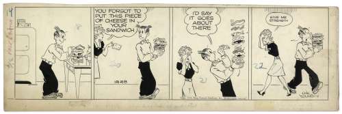 Chic Young Hand-Drawn ’’Blondie’’ Comic Strip From 1944 Titled ’’It’s The Juggler In Him!’’ -- The Dagwood Sandwich Takes Center Stage | Nate Sanders