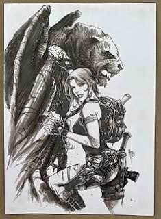 Tomb Raider - Dessin original Ã  l‘encre de la sculpturale Lara Croft - format A4 - signé Adriano Batista