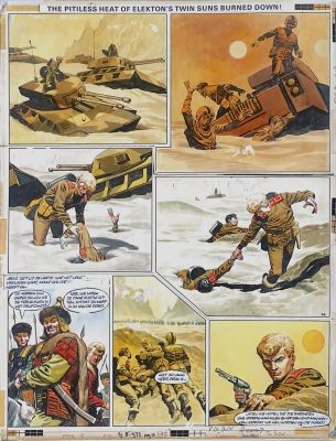 Don Lawrence, Trigia « la cité interdite », page originale « la chaleur impitoyable des soleils jumeaux d’Elekton s’est consumée ! » | Comic Art Masters