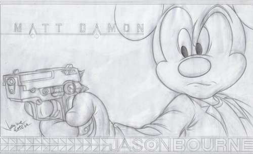 Jaume Esteve - 45 X 32 Cm | Mickey Mouse as Matt Damon in Jason Bourne Film - Original Preliminary Drawing - Jaume Esteve Signed - Pencil Artwork | Catawiki