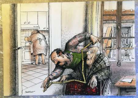 Serre, Claude | Serre, Claude - Dessin original couleur - Le Bricolage - Faire un cercueil soi-même - (1983) | Catawiki