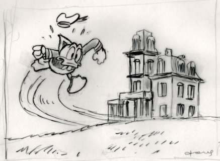 Tony Fernandez, Disney Artist | Donald Duck inspired by Hitchcock’s Psycho - Original Preliminary Sketch - Signed by Tony Fernandez | Catawiki