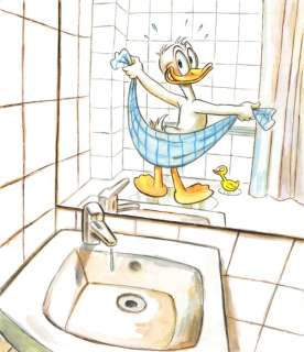 Tony Fernandez, Disney Artist | Donald Duck Shower Time! - Original Painting - Tony Fernandez Signed - Watercolor Artwork | Catawiki
