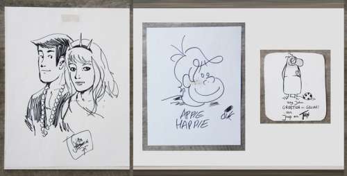 Jan Steeman, Dik Bruynesteyn En Toon Van Driel | Bruynesteyn + Steeman + Toon - 3 originele opdrachttekeningen in stift - Appie Happie + Arad en Maya + F.C. Knudde - (1975) | Catawiki