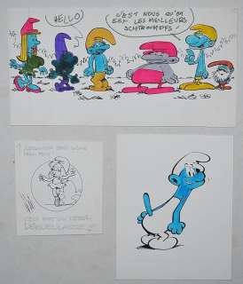 Studio Peyo / Closter, Éric | Studio Peyo / Eric Closter - Grappige Smurfen - 3 Originele tekeningen In potlood, inkt en aquarel - (1980) | Catawiki