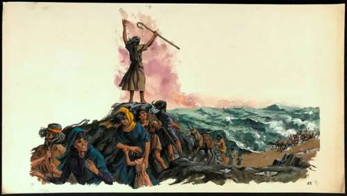 Connolly, Peter | Peter Connolly - Originele illustratie in gouache op board - Bijbelse illustratie ’’Mozes splijt de Rode Zee" - (1950/1955) | Catawiki