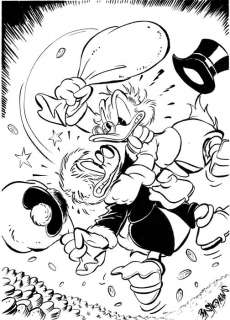 Bas Heymans | Bas Heymans - Originele tekening - Dagobert Duck met Govert Goudglans in gevecht met geldzakken - Exemplaire unique | Catawiki