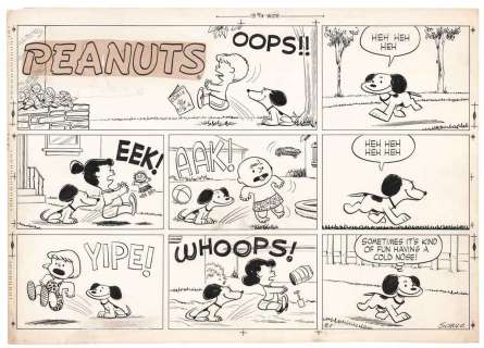 Charles M. Schulz | Planche originale, gag intitulé Whoops, publié le dimanche 1er août 1954 | Christie’s