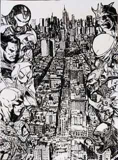 Tadao Schott - Daredevil, Iron Man, Spider-Man - Master Piece 47X67cm Commission NYC Spiderman; Miles Morales, Daredevil, Iron Man and Vilains - Page volante - EO - (2022)