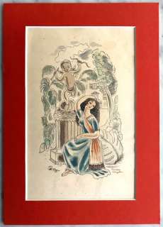 Freddy Langeler | Freddy Langeler (1899- 1948) - Oostindische inkt en aquarel - Originele tekening - Maagd bij standbeeld van Cupido - (1920/1930) | Catawiki