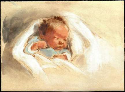 Vincent, Gabrielle (Pseudoniem Van Monique Martin) | Gabriëlle Vincent (bekend van Erneste et Célestine/ Brammert en Tissie) - Gemengde techniek op dik papier voor een geboortekaartje - Page volante - (1970/1975) | Catawiki