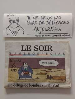 Geluck, Philippe | Geluck, Philippe - Dessin original dédicacé + édition spéciale journal "Le Soir" - Le Chat - (2003) | Catawiki