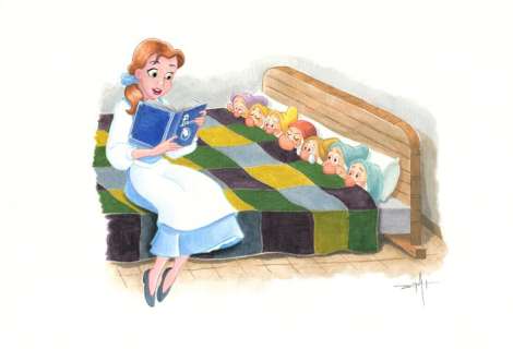 Jordi Juan Pujol | Belle & The Seven Dwarfs - Original Painting - Jordi Juan Pujol - Signed (front and back) - Original Watercolor - Original Art | Catawiki