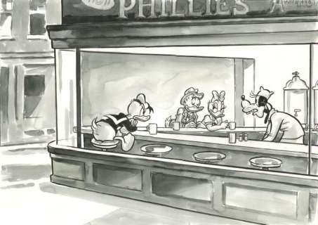 Tony Fernandez | Donald Duck, Daisy, Gladstone Gander & Goofy Inspired By Edward Hopper’s Nighthawks (1942) - Original Painting By Tony Fernandez - Watercolor Art - Original Artwork - 53 x 41 cm | Catawiki
