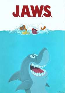 Roberto Ronchi | Donald Duck - "J.A.W.S." Just A Webfooted Snack - Parody of the poster of the movie "Jaws" - (2023) | Catawiki