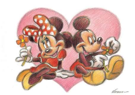 Joan Vizcarra | Mickey & Minnie Mouse Plucking Daisies - Original Drawing - Joan Vizcarra - Pencil Art - Original Artwork | Catawiki