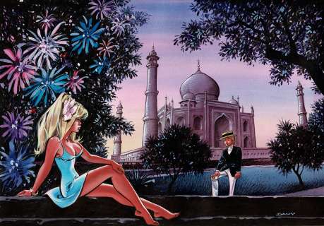 Dany | Olivier Rameau et Colombe devant le Taj Mahal, dessin original à l’encre de chine et aux encres de couleurs. | Septimus