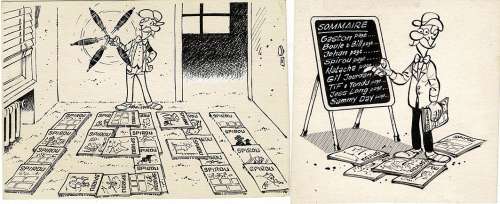 Salvérius - Lot 550 - Ensemble de 2 dessins originaux à l’encre de chine publiés dans le journal Spirou. Formats divers.