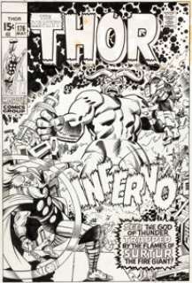 Jack Kirby and Bill Everett Thor #176 Cover Original Art (Marvel, 1970). Surtur the Fire Giant menaces the -